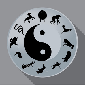 冷灰色彩色的生肖日历与羊顶上照片