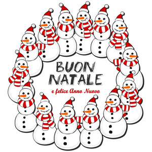 快乐雪人圣诞老人帽子和条纹的围巾花环圣诞冬季假期例证与圣诞祝愿意大利白色背景上