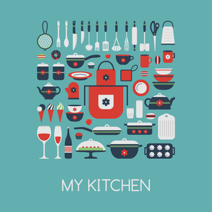 一套厨房用具和食品