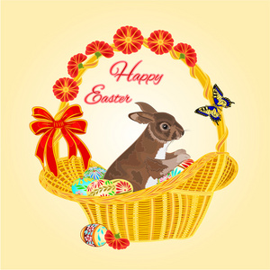 复活节兔子在篮子里用复活节鸡蛋矢量