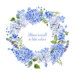 圆框的蓝色绣球花和其他花