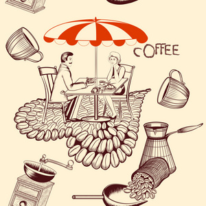 咖啡与咖啡桌 咖啡和可爱的夫妇无缝模式