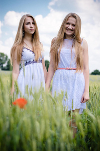 两位年轻女子快乐微笑的金发女朋友漫步在绿茵场上，看着相机在夏日户外蓝天下漫步