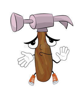 卡通人戴着头盔和锤子工作锤子卡通插图大锤子头鲨鱼游泳与小条纹的鱼