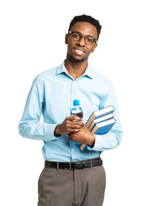 快乐的非洲裔美国大学学生书与瓶