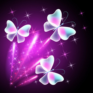 闪闪发光的透明花朵和蝴蝶闪闪发光的礼品盒,紫色和黄色缎带蝴蝶结