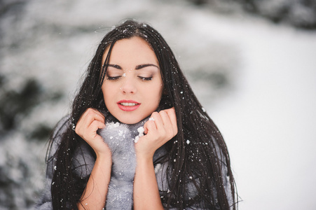 冬天的雪的美丽女孩的肖像