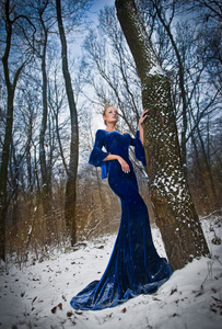 美丽的年轻女子的构成冬天的景色，看起来很高贵的优雅蓝色礼服。时尚的金发女人与森林在户外拍摄的背景下。迷人的金发女性性质的  
