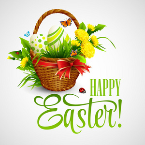 复活节贺卡篮，鸡蛋和鲜花。矢量图