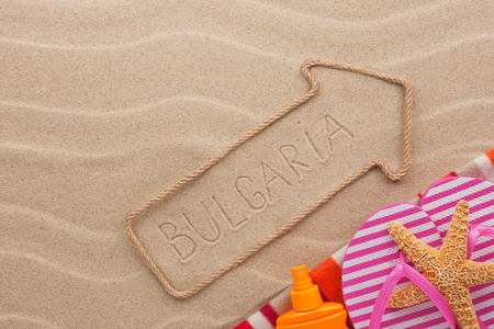 保加利亚指针和海滩配件躺在沙滩上