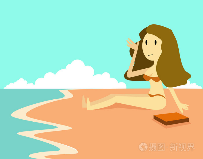 海滩假期享受夏日的阳光，坐在沙里拿着一本书的女人