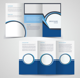 三栏式的业务宣传册模板，双面模板设计，模拟覆盖在蓝色的颜色