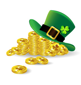 绿色圣 Patrick 的三叶草在金币上的天顶帽子