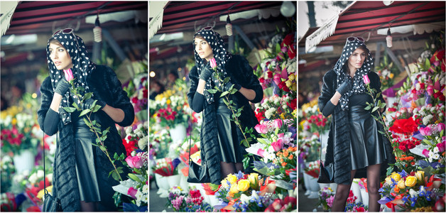 美丽的黑发女人，戴着手套选择在花店的鲜花。用鲜花店的太阳镜和头围巾的时尚女性。选择鲜花   城市拍摄的黑衣美女