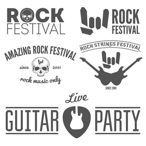摇滚音乐节 吉他党和音乐表演的老式标志 徽章 标志或标识元素集