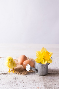复活节彩蛋与鸡和水仙花
