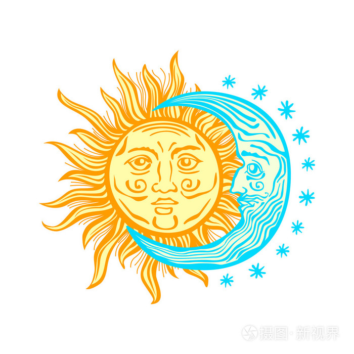 太阳,月星矢量的复古风格民俗复古