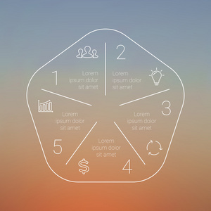 圆线图。用于循环图 图 演示文稿和圆图的模板。经营理念与 5 选项 零件 步骤或过程。线性的图形。模糊向量背景