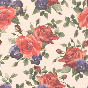 水彩图案玫瑰和三色堇花