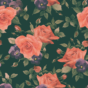 水彩图案玫瑰和三色堇花图片