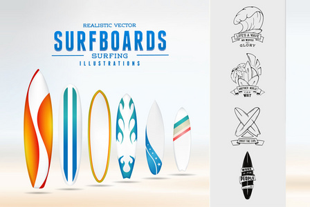 素描冲浪图标志会徽与刻字。孤立的现代现实图标集的图像冲浪板与颜色模式