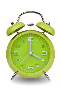 绿色闹钟，双手在凌晨4点或下午4点隔离在一个Whi上