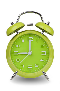 绿色闹钟，双手在上午9点或下午9点在Whi上隔离