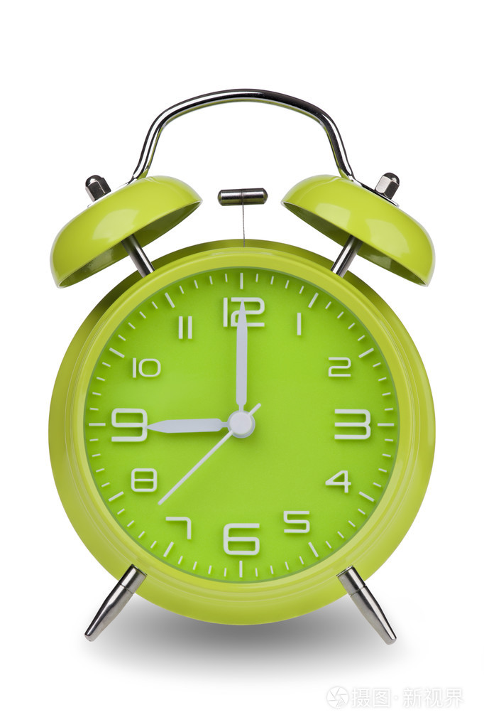 绿色闹钟,双手在上午9点或下午9点在whi上隔离照片