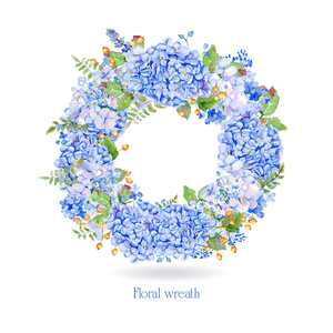 矢量轮架的蓝色水彩绣球花和浆果