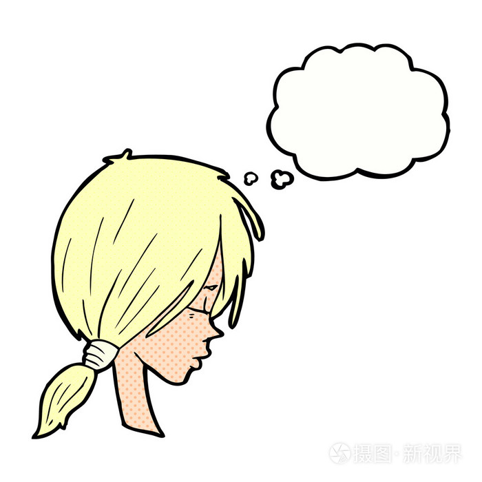 看起来在沉思与思想泡泡的卡通女孩