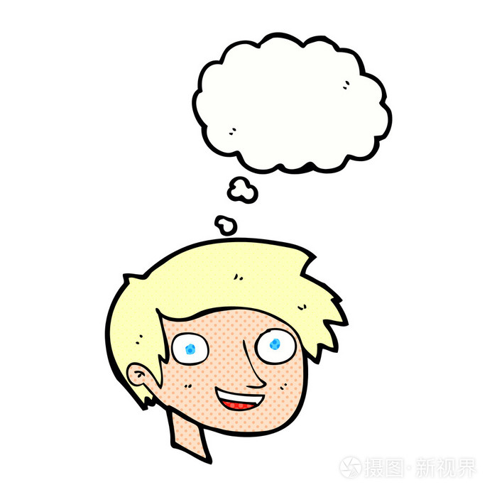 卡通快乐的男孩脸与思想泡泡