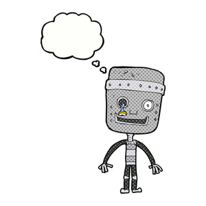 卡通搞笑的机器人与思想泡泡