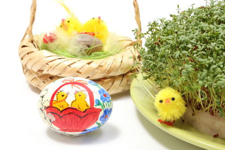 复活节鸡和绿豆瓣画的蛋