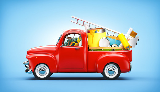 两辆红色的自卸卡车皮卡车车厢字符卡通插图一辆皮卡车白色背景的3d