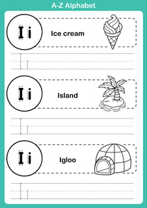 字母 a 到 z 操与卡通词汇为着色书