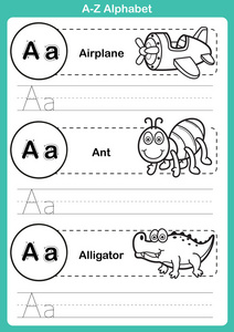 字母 a 到 z 操与卡通词汇为着色书