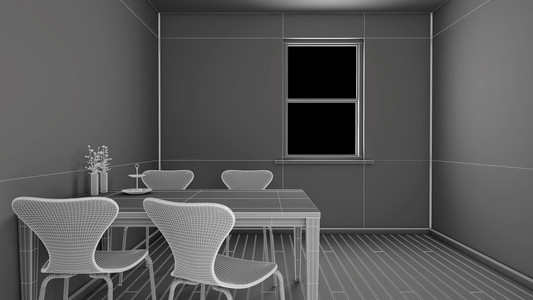 室内的厨房以线框形式呈现