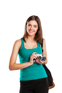 拿照相机孤立在白色背景的年轻白种女人