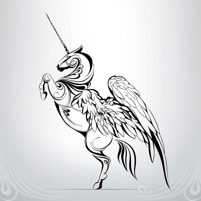 在装饰中的独角兽的剪影