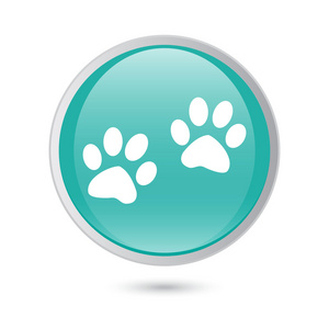 爪子标志图标。狗宠物步骤符号。蓝色的光泽按钮