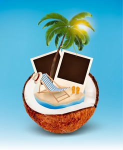 度假概念。在一个椰子棕榈树 照片和海滩椅子