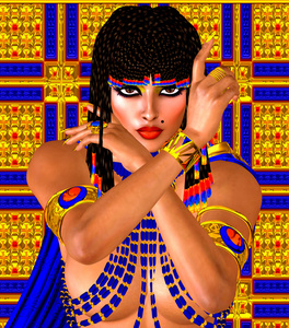 克娄巴特拉或任何埃及女法老。现代数字艺术的幻想。上一个金黄色 蓝色的抽象背景设置