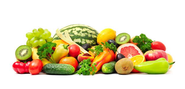 收集水果和蔬菜在白色