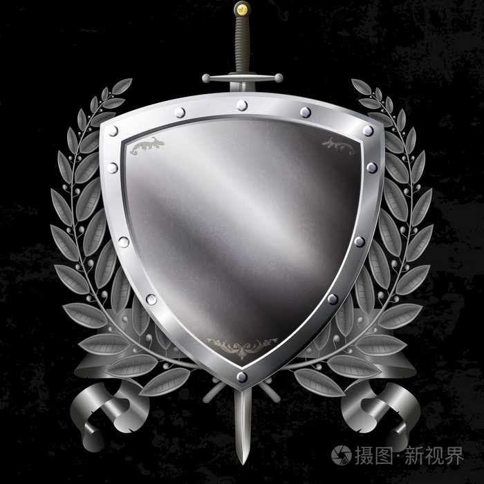中世纪的银盾与剑和丝带和月桂树的分支