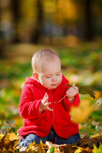 快乐宝贝穿着红色和黄色的叶子一起玩