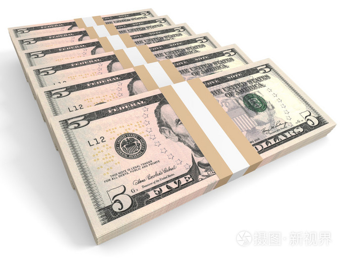 成堆的钱.五美元