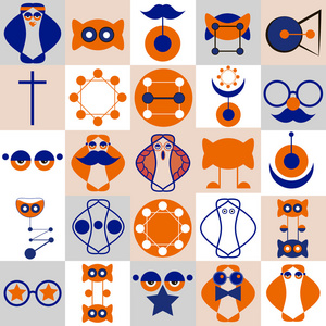 一套有趣图标，荒诞的人物，物品的剪影和抽象的作文形式的蓝色和橙色的形式标志