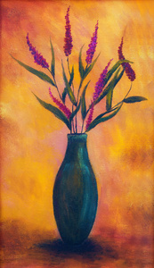 鲜花插在花瓶里，干燥，在明亮的橙色背景，油画，水彩技法
