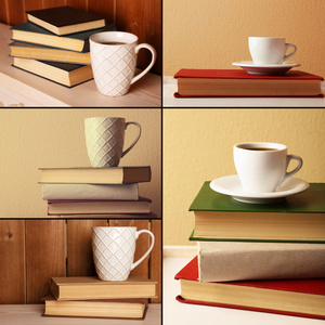 书籍和杯成分的拼贴，阅读概念