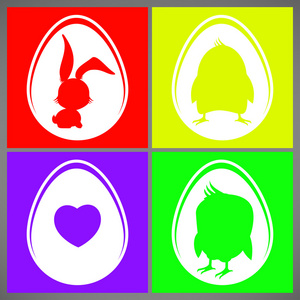 快乐复活节炫彩矢量图卡一套与兔 鸡 心在鸡蛋中的剪影